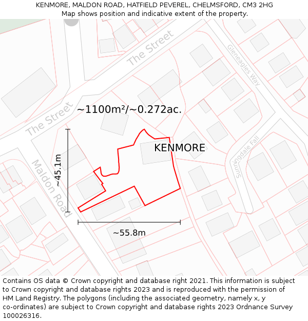 KENMORE, MALDON ROAD, HATFIELD PEVEREL, CHELMSFORD, CM3 2HG: Plot and title map