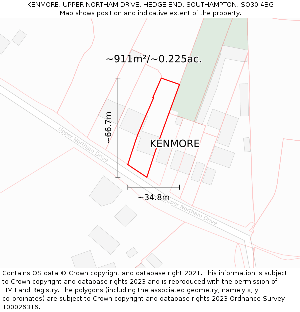 KENMORE, UPPER NORTHAM DRIVE, HEDGE END, SOUTHAMPTON, SO30 4BG: Plot and title map