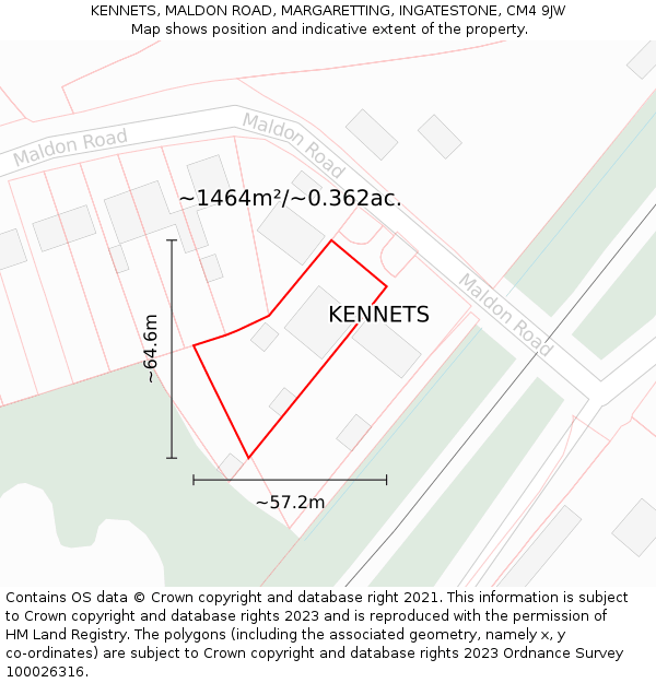 KENNETS, MALDON ROAD, MARGARETTING, INGATESTONE, CM4 9JW: Plot and title map