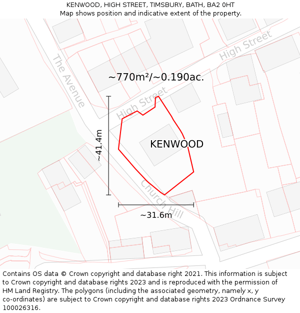 KENWOOD, HIGH STREET, TIMSBURY, BATH, BA2 0HT: Plot and title map