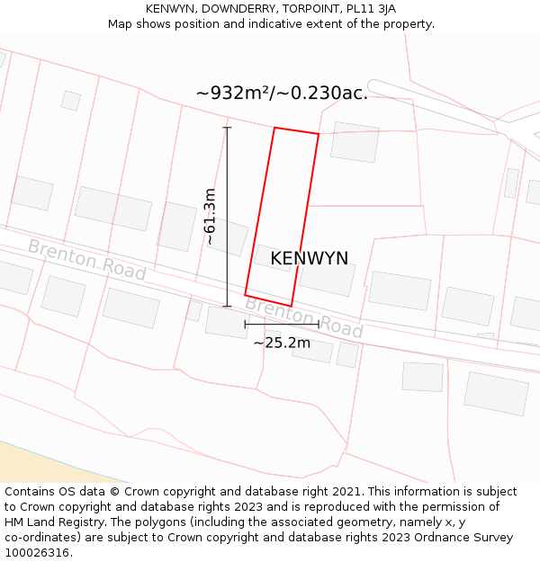KENWYN, DOWNDERRY, TORPOINT, PL11 3JA: Plot and title map