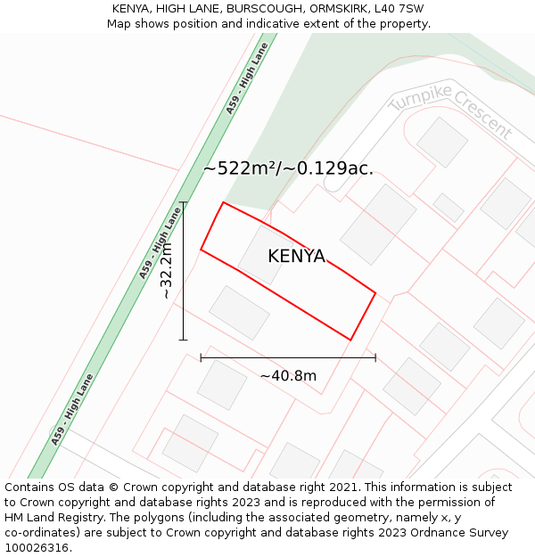 KENYA, HIGH LANE, BURSCOUGH, ORMSKIRK, L40 7SW: Plot and title map