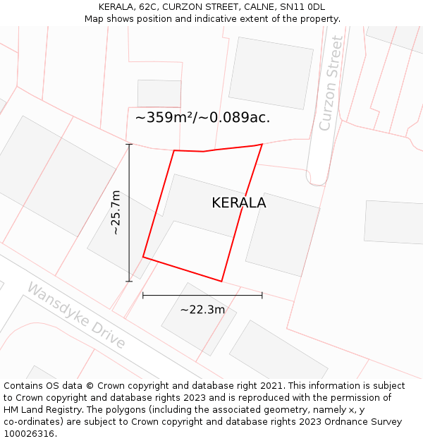 KERALA, 62C, CURZON STREET, CALNE, SN11 0DL: Plot and title map