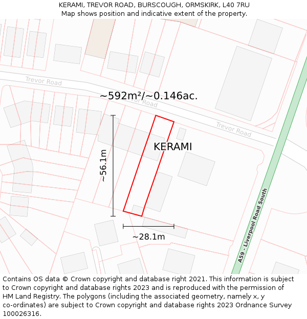 KERAMI, TREVOR ROAD, BURSCOUGH, ORMSKIRK, L40 7RU: Plot and title map