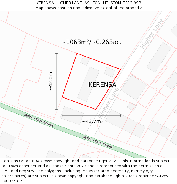 KERENSA, HIGHER LANE, ASHTON, HELSTON, TR13 9SB: Plot and title map