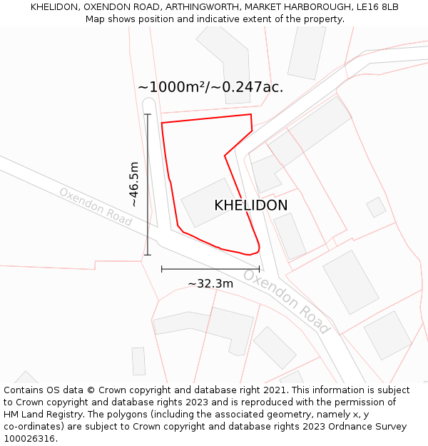 KHELIDON, OXENDON ROAD, ARTHINGWORTH, MARKET HARBOROUGH, LE16 8LB: Plot and title map