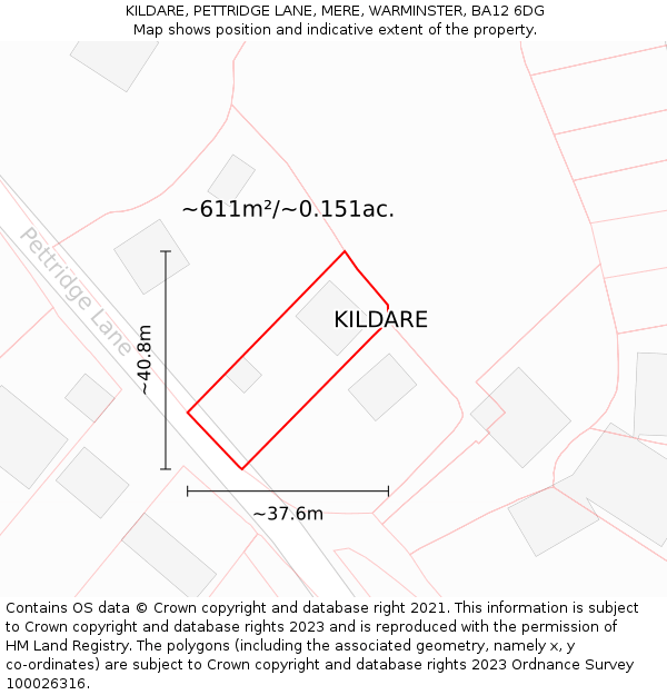 KILDARE, PETTRIDGE LANE, MERE, WARMINSTER, BA12 6DG: Plot and title map