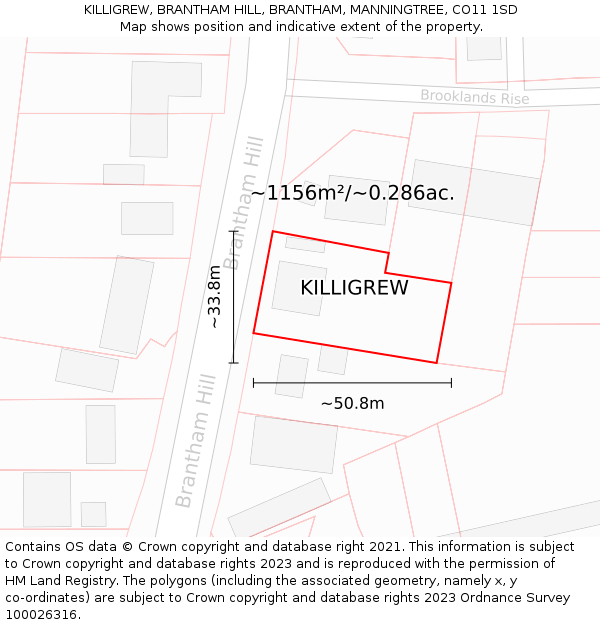 KILLIGREW, BRANTHAM HILL, BRANTHAM, MANNINGTREE, CO11 1SD: Plot and title map