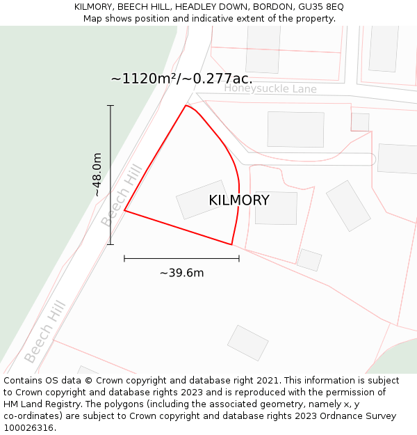 KILMORY, BEECH HILL, HEADLEY DOWN, BORDON, GU35 8EQ: Plot and title map