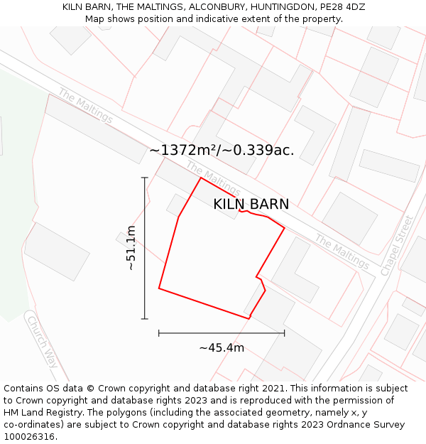 KILN BARN, THE MALTINGS, ALCONBURY, HUNTINGDON, PE28 4DZ: Plot and title map