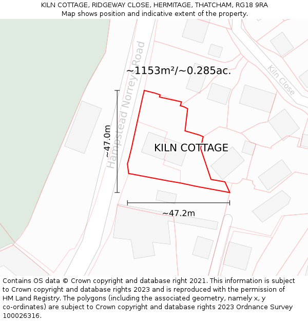 KILN COTTAGE, RIDGEWAY CLOSE, HERMITAGE, THATCHAM, RG18 9RA: Plot and title map