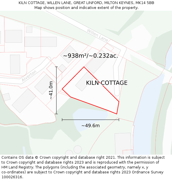 KILN COTTAGE, WILLEN LANE, GREAT LINFORD, MILTON KEYNES, MK14 5BB: Plot and title map