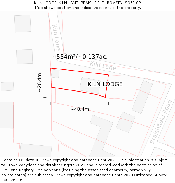 KILN LODGE, KILN LANE, BRAISHFIELD, ROMSEY, SO51 0PJ: Plot and title map