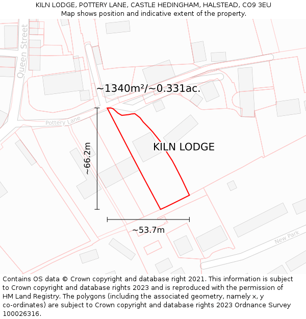 KILN LODGE, POTTERY LANE, CASTLE HEDINGHAM, HALSTEAD, CO9 3EU: Plot and title map