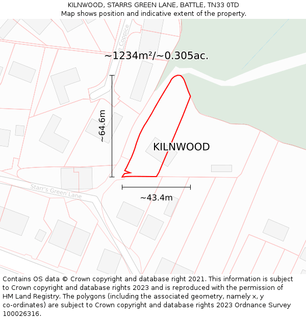 KILNWOOD, STARRS GREEN LANE, BATTLE, TN33 0TD: Plot and title map
