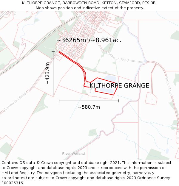 KILTHORPE GRANGE, BARROWDEN ROAD, KETTON, STAMFORD, PE9 3RL: Plot and title map