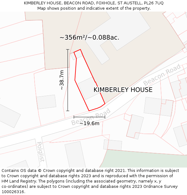 KIMBERLEY HOUSE, BEACON ROAD, FOXHOLE, ST AUSTELL, PL26 7UQ: Plot and title map