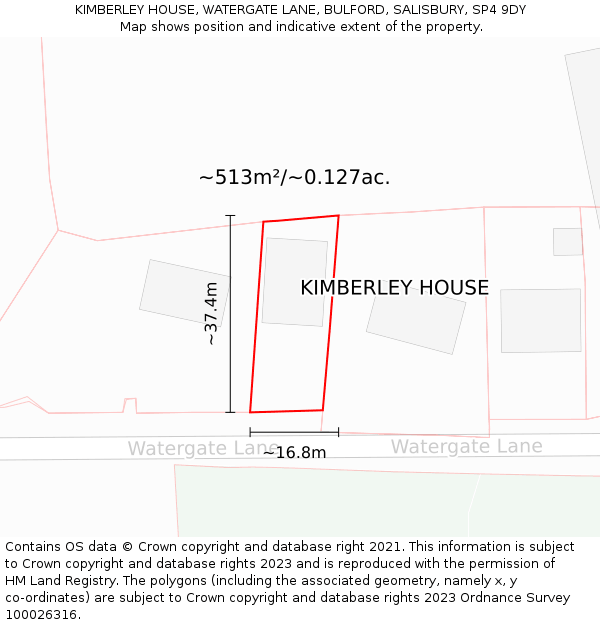 KIMBERLEY HOUSE, WATERGATE LANE, BULFORD, SALISBURY, SP4 9DY: Plot and title map