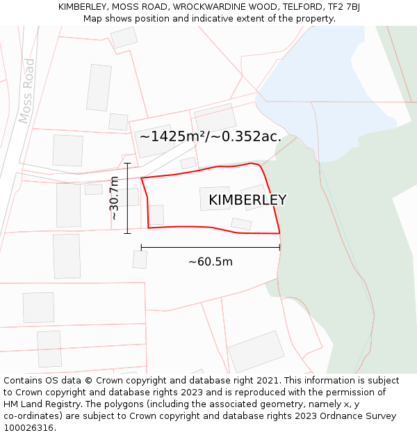 KIMBERLEY, MOSS ROAD, WROCKWARDINE WOOD, TELFORD, TF2 7BJ: Plot and title map