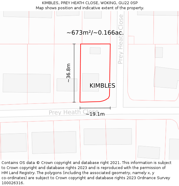 KIMBLES, PREY HEATH CLOSE, WOKING, GU22 0SP: Plot and title map