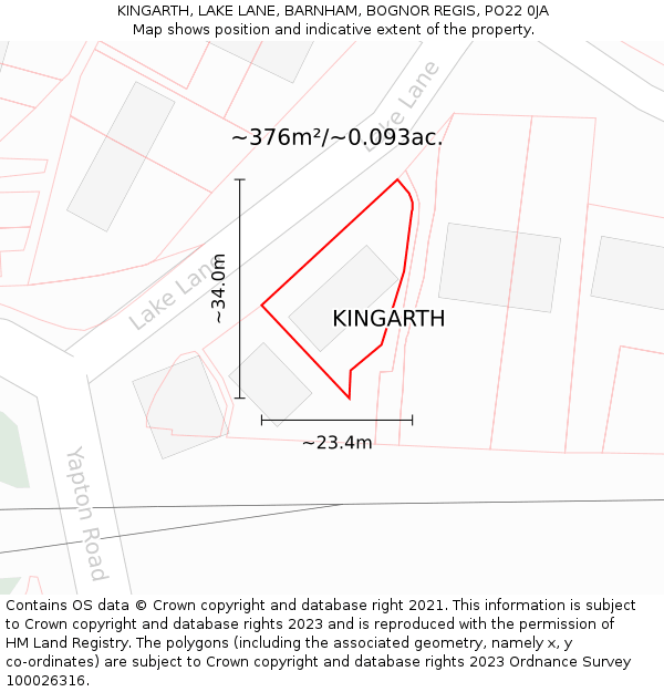 KINGARTH, LAKE LANE, BARNHAM, BOGNOR REGIS, PO22 0JA: Plot and title map