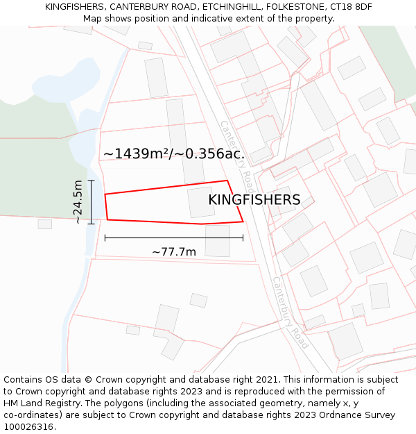 KINGFISHERS, CANTERBURY ROAD, ETCHINGHILL, FOLKESTONE, CT18 8DF: Plot and title map