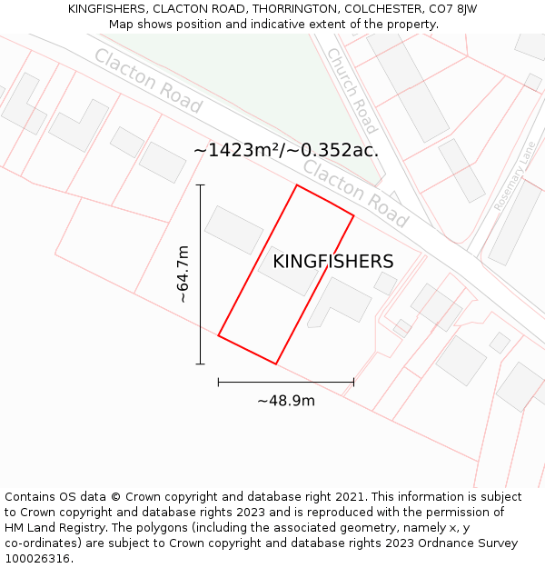 KINGFISHERS, CLACTON ROAD, THORRINGTON, COLCHESTER, CO7 8JW: Plot and title map