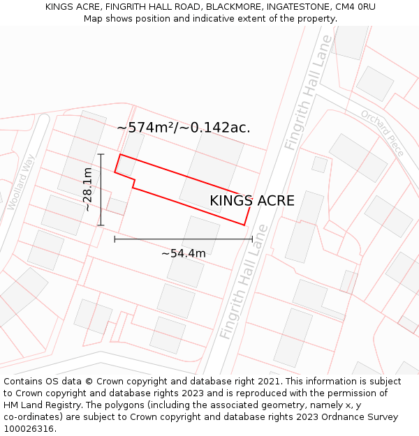 KINGS ACRE, FINGRITH HALL ROAD, BLACKMORE, INGATESTONE, CM4 0RU: Plot and title map