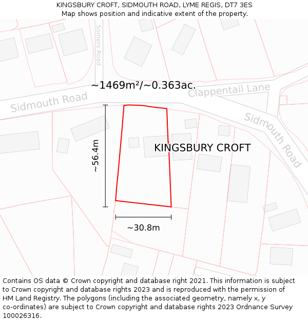 KINGSBURY CROFT, SIDMOUTH ROAD, LYME REGIS, DT7 3ES: Plot and title map