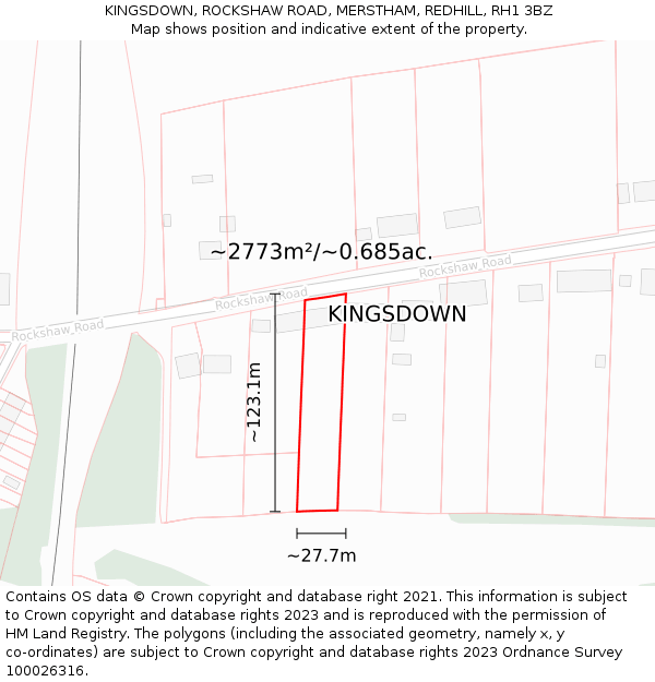 KINGSDOWN, ROCKSHAW ROAD, MERSTHAM, REDHILL, RH1 3BZ: Plot and title map