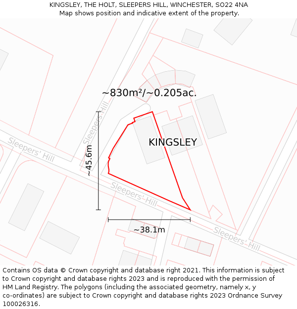 KINGSLEY, THE HOLT, SLEEPERS HILL, WINCHESTER, SO22 4NA: Plot and title map