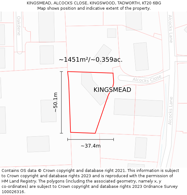 KINGSMEAD, ALCOCKS CLOSE, KINGSWOOD, TADWORTH, KT20 6BG: Plot and title map