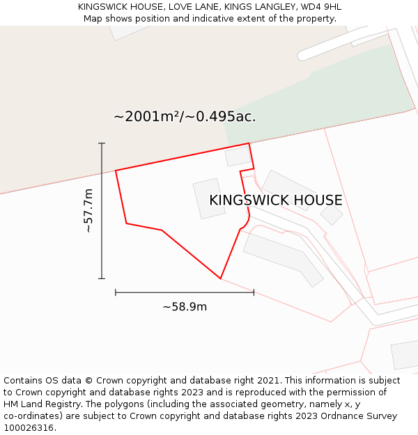 KINGSWICK HOUSE, LOVE LANE, KINGS LANGLEY, WD4 9HL: Plot and title map