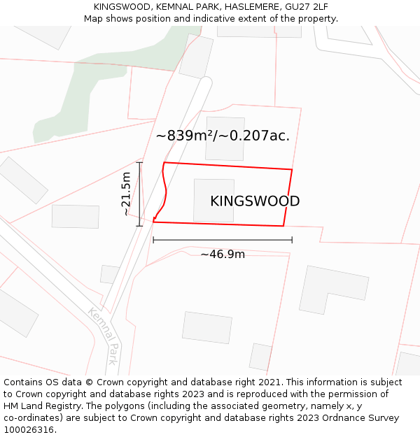 KINGSWOOD, KEMNAL PARK, HASLEMERE, GU27 2LF: Plot and title map
