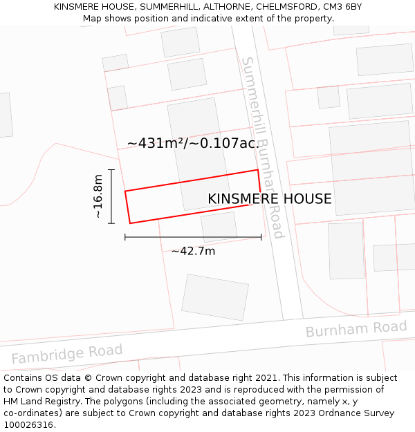 KINSMERE HOUSE, SUMMERHILL, ALTHORNE, CHELMSFORD, CM3 6BY: Plot and title map