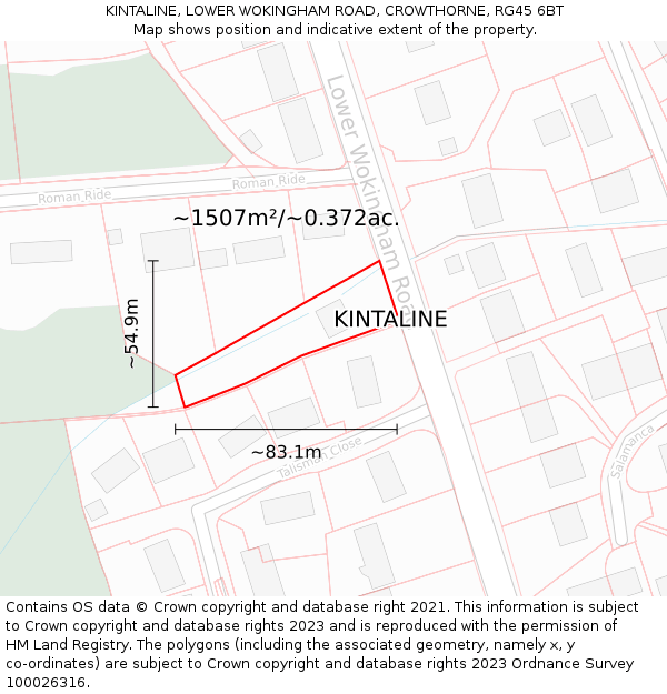 KINTALINE, LOWER WOKINGHAM ROAD, CROWTHORNE, RG45 6BT: Plot and title map