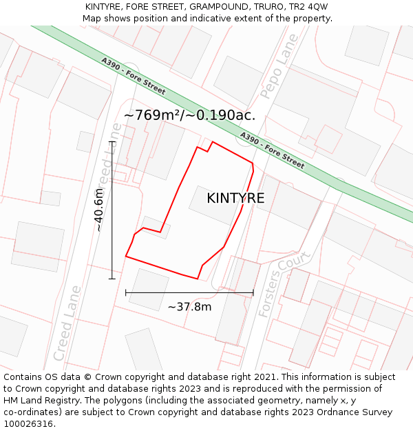 KINTYRE, FORE STREET, GRAMPOUND, TRURO, TR2 4QW: Plot and title map