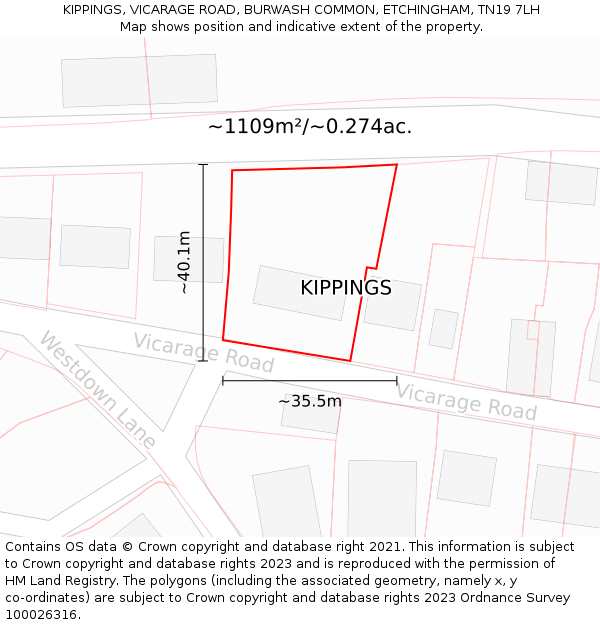 KIPPINGS, VICARAGE ROAD, BURWASH COMMON, ETCHINGHAM, TN19 7LH: Plot and title map