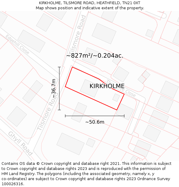 KIRKHOLME, TILSMORE ROAD, HEATHFIELD, TN21 0XT: Plot and title map