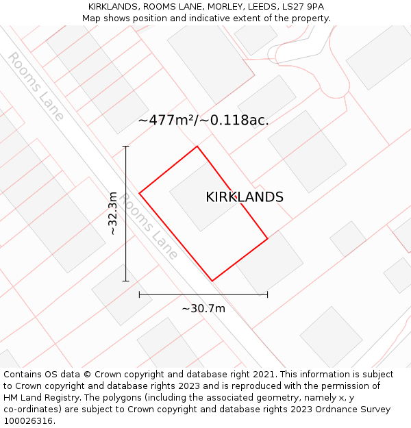 KIRKLANDS, ROOMS LANE, MORLEY, LEEDS, LS27 9PA: Plot and title map