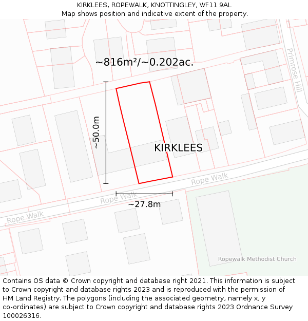 KIRKLEES, ROPEWALK, KNOTTINGLEY, WF11 9AL: Plot and title map