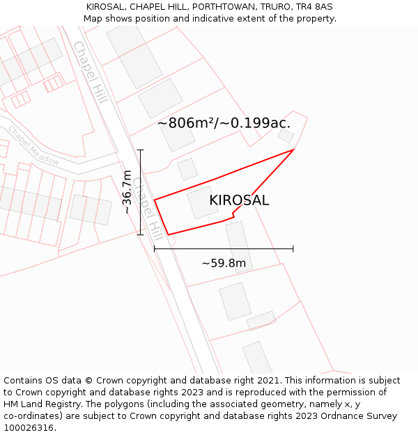 KIROSAL, CHAPEL HILL, PORTHTOWAN, TRURO, TR4 8AS: Plot and title map