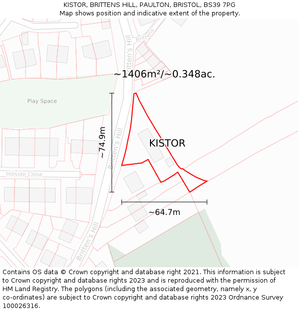 KISTOR, BRITTENS HILL, PAULTON, BRISTOL, BS39 7PG: Plot and title map