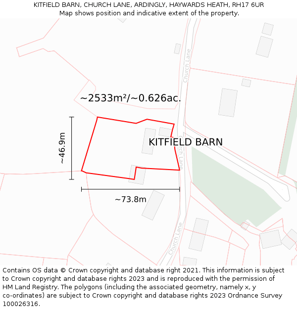 KITFIELD BARN, CHURCH LANE, ARDINGLY, HAYWARDS HEATH, RH17 6UR: Plot and title map