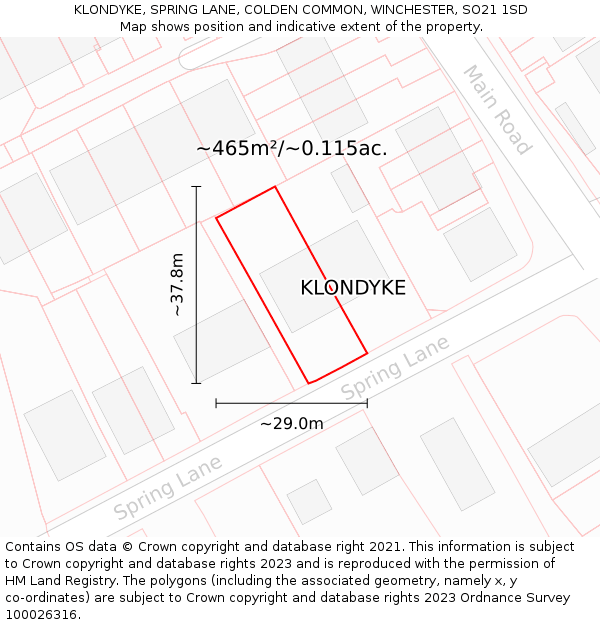 KLONDYKE, SPRING LANE, COLDEN COMMON, WINCHESTER, SO21 1SD: Plot and title map