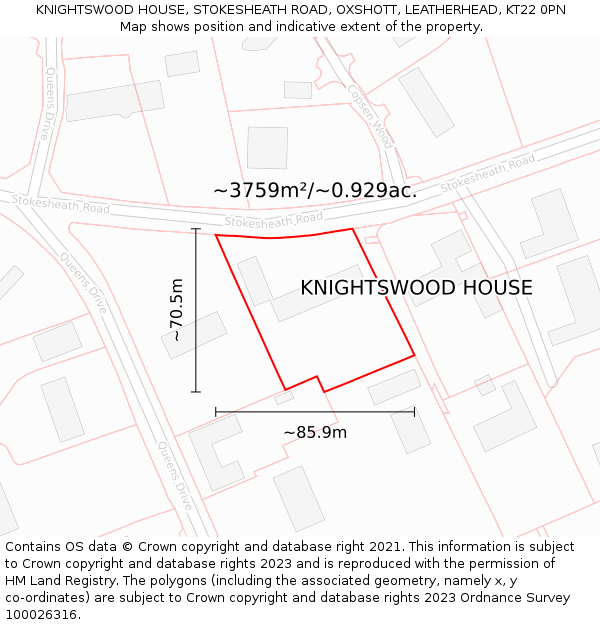 KNIGHTSWOOD HOUSE, STOKESHEATH ROAD, OXSHOTT, LEATHERHEAD, KT22 0PN: Plot and title map