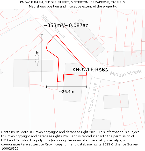 KNOWLE BARN, MIDDLE STREET, MISTERTON, CREWKERNE, TA18 8LX: Plot and title map