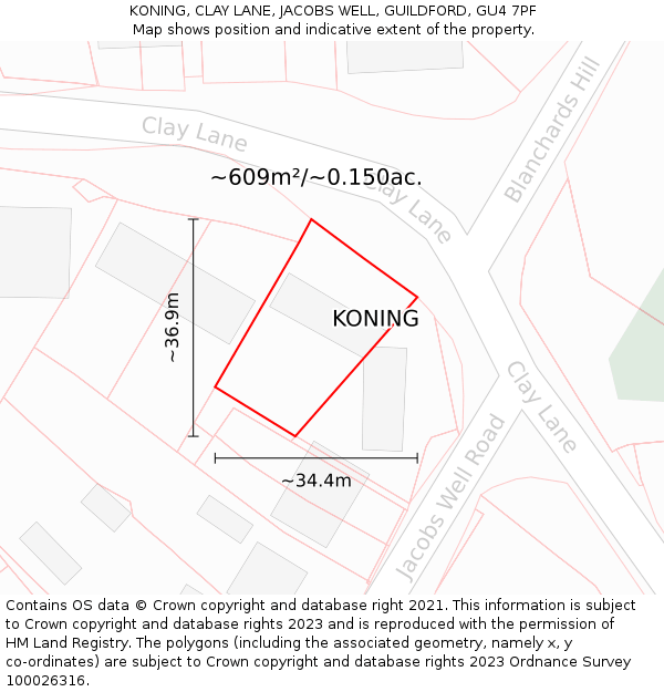 KONING, CLAY LANE, JACOBS WELL, GUILDFORD, GU4 7PF: Plot and title map