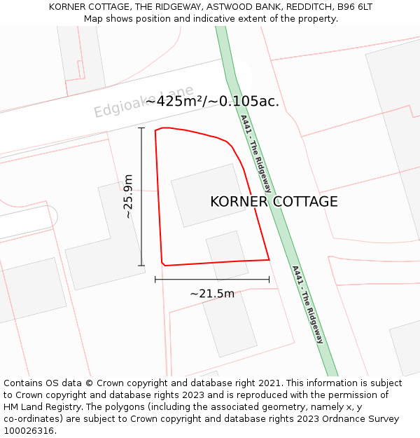 KORNER COTTAGE, THE RIDGEWAY, ASTWOOD BANK, REDDITCH, B96 6LT: Plot and title map