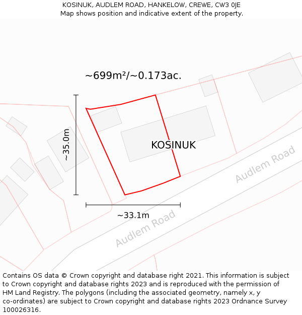 KOSINUK, AUDLEM ROAD, HANKELOW, CREWE, CW3 0JE: Plot and title map